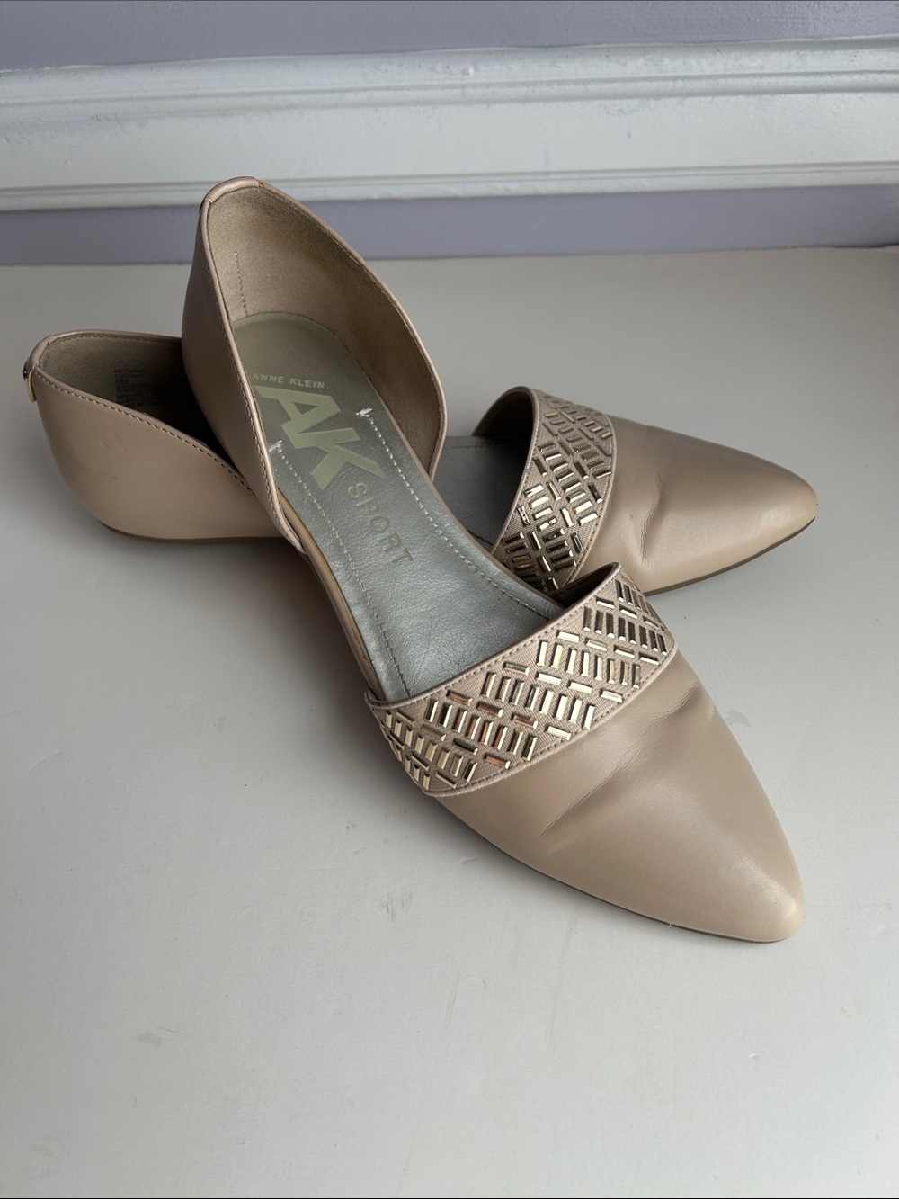 Anne Klein Sport Nude Pointed Toe D'Orsay Flats with metallic embellishments